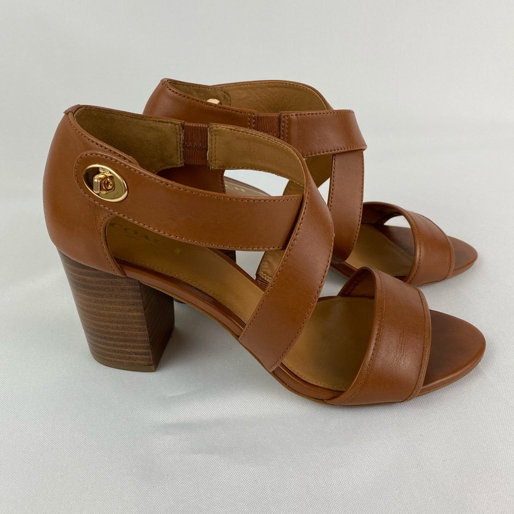 Coach Cognac Leather Block Heel Sandals